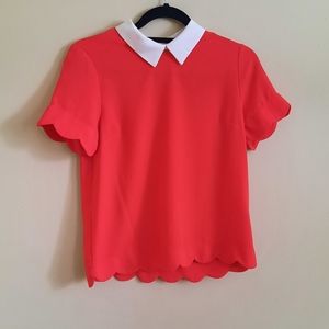 MONTEAU: Red Blouse with White Collar, Size S
